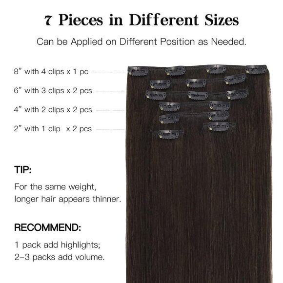Human Hair Extensions Dark Brown Straight Clip in 14 Inch 7 pcs 120g - Picture 3 of 8